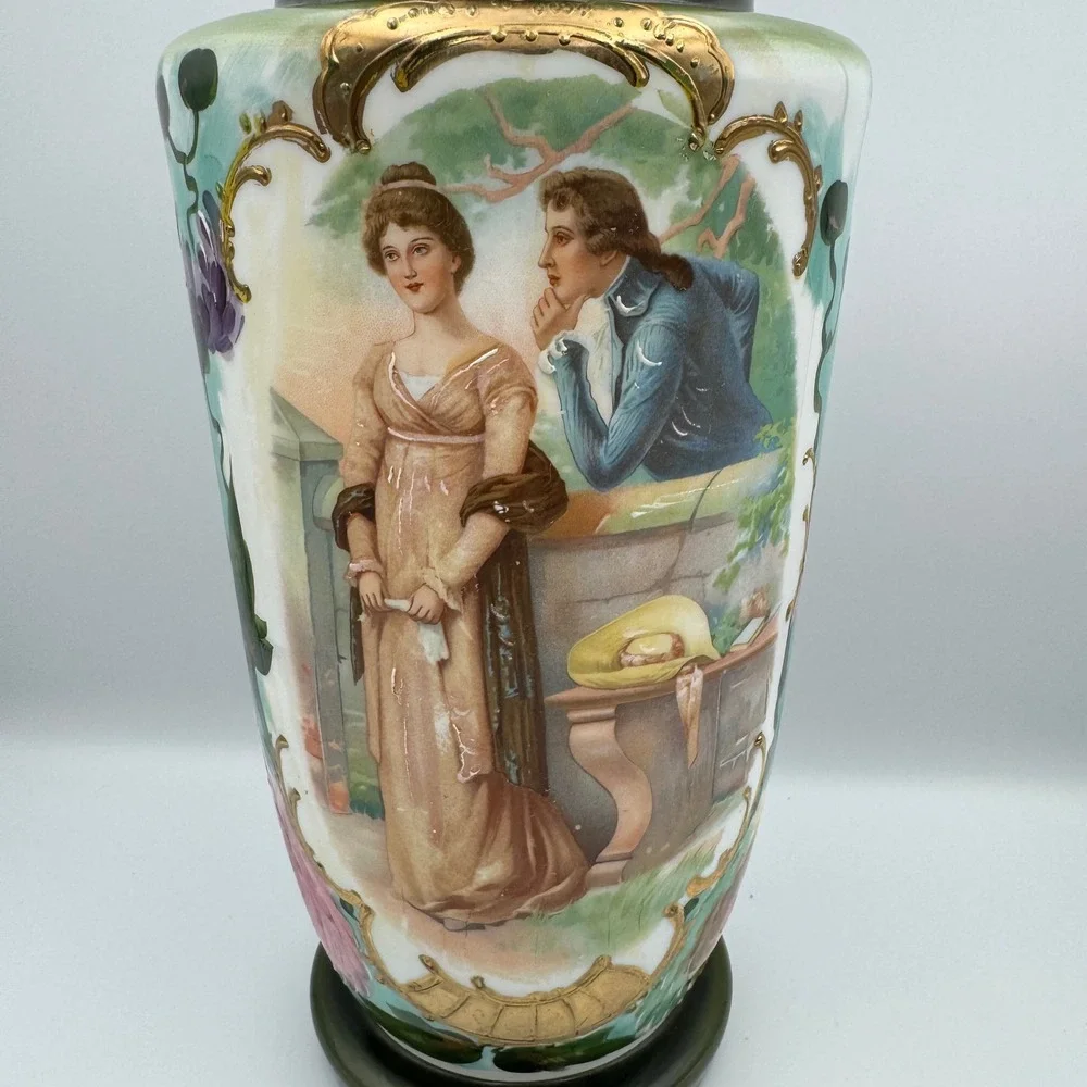 Vintage Porcelain Vase Romantic‎ Scene Floral Gold Gilt Accent